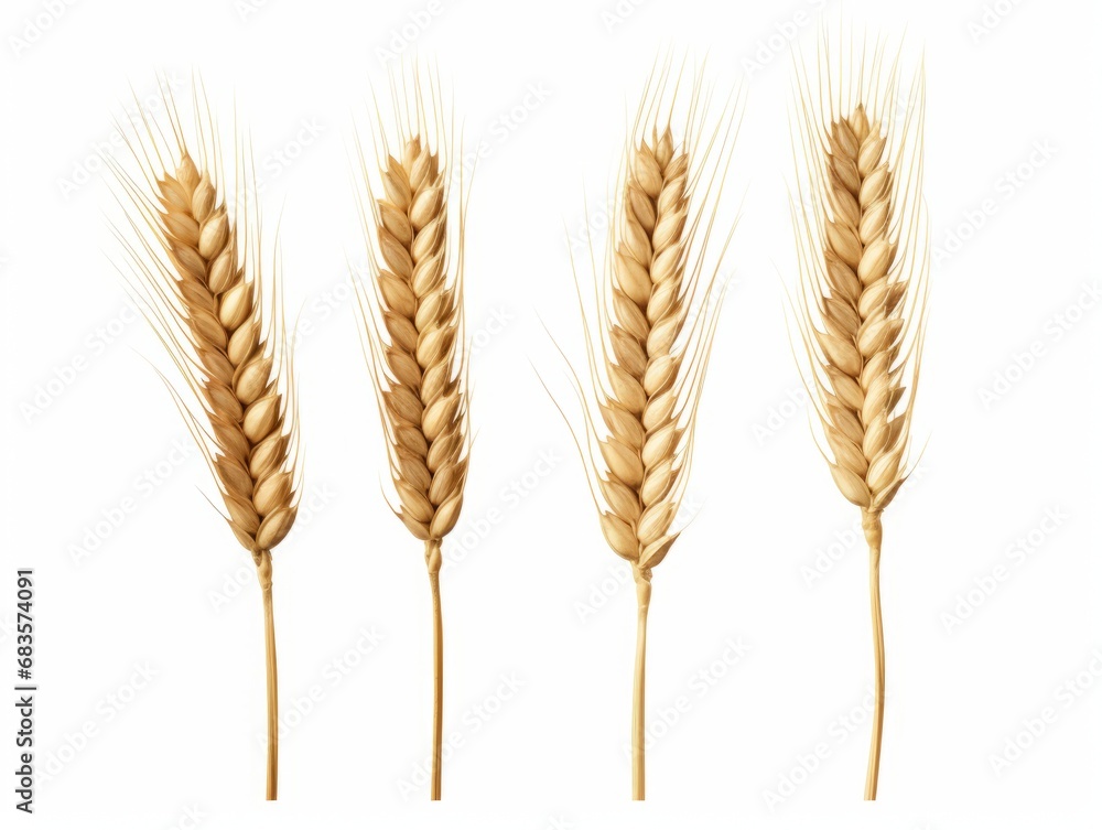 Discover the Pure Simplicity: Exquisite Close-Up of Three Wheat Ears on White Background Generative AI