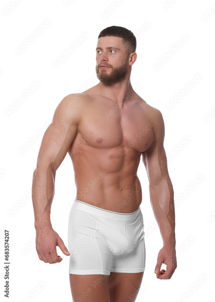 Fototapeta premium Young man is stylish underwear on white background