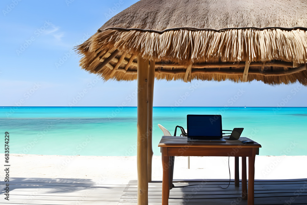 Fototapeta premium Laptop on the beach, freelancing concept. Neural network AI generated