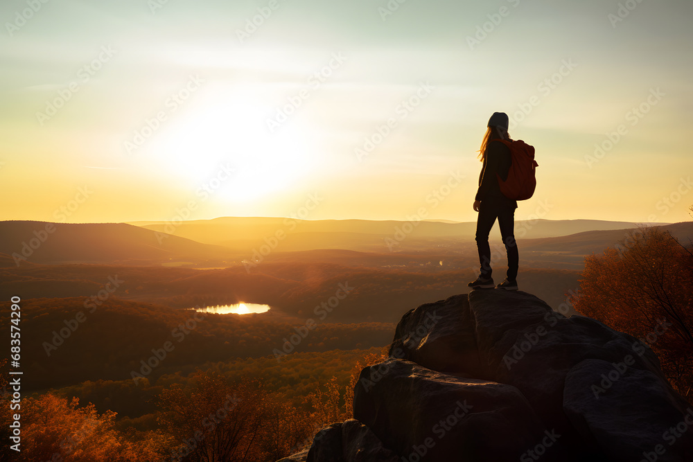 Traveler in the mountains admires the sunset. Neural network AI generated