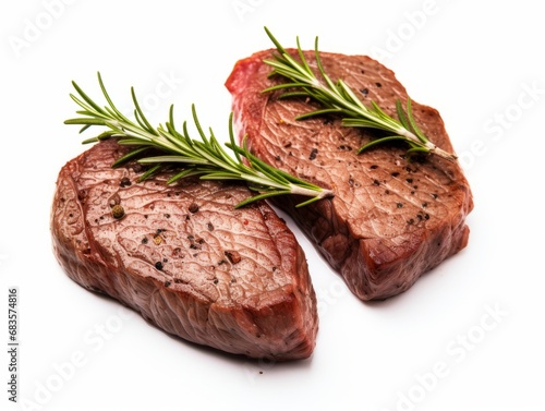 Indulge in the Savory Extravaganza: Dual Gourmet Steaks on a Pristine White Backdrop Generative AI
