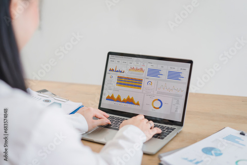 Advisor financial business analytics woman team analyzing data charts, graphs, and a dashboard on laptop screen. Data analysis concept