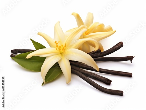 Enthralling Close-Up: The Subtle Elegance of a Vanilla Flower Resting on Fragrant Pods Generative AI