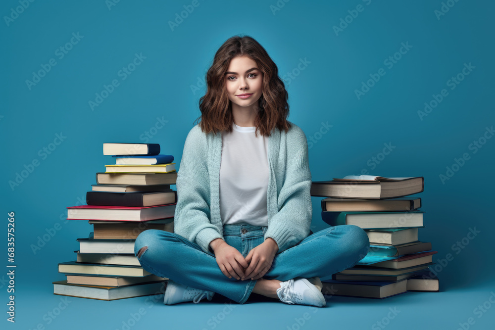 A thoughtful young woman sits cross-legged, surrounded by stacks of books on blue background. Concept education, learning and literature. World book day. World writer's day. Working from home. A thoughtful young woman sits cross-legged, surrounded by stacks of books on blue background. Concept education, learning and literature. World book day. World writer's day. Working from home.