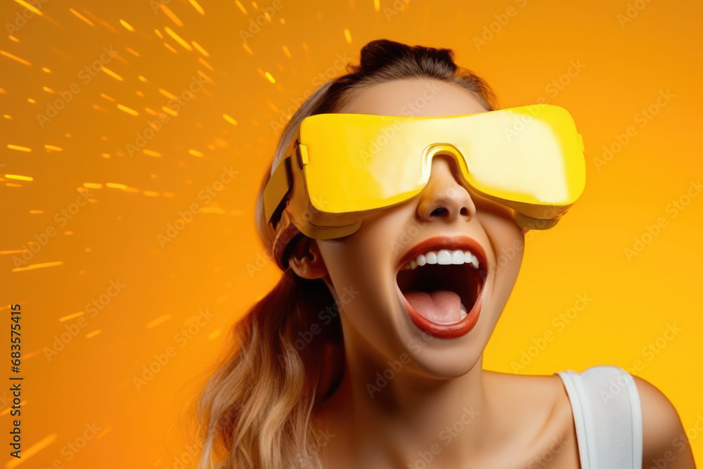 A young woman 
experiences virtual reality VR headset , her joy and amazement palpable as she's immersed in the bright, dynamic virtual  world. 