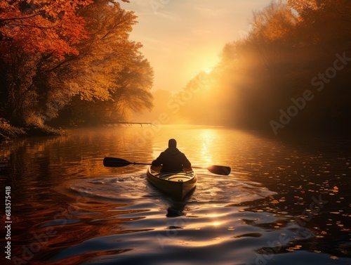 Adventurous Autumn: A Young Man's Riveting Kayaking Journey Generative AI