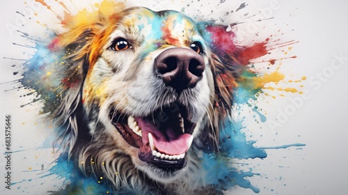 abstract watercolor splashes forming a dog's portrait , copy space, 16:9