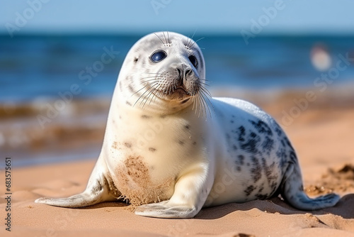 Baby Grey Seal (Halichoerus grypus) Relaxing Headlong on the Blur Beach - Created with Generative AI Tools