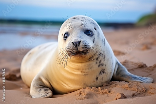 Baby Grey Seal (Halichoerus grypus) Relaxing Headlong on the Blur Beach - Created with Generative AI Tools