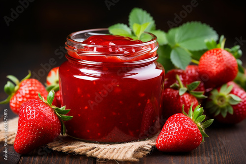 Delicious Strawberry Jam in Glass Jar on Wooden Table - Created with Generative AI Tools
