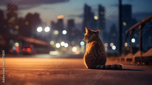 A solitary cat peacefully rests in the midst of an empty sidewalk, observing the city skyline during the onset of dusk