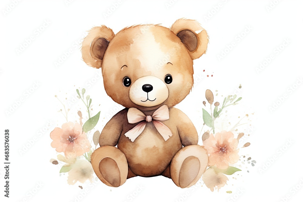 Brown bear cub with bow and flowers on white background Brown bear cub with bow and flowers on white background
