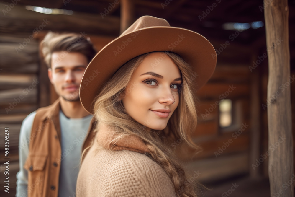 Young couple in wooden house. Generative AI Young couple in wooden house. Generative AI