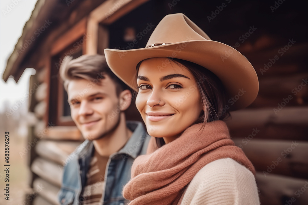 Young couple in wooden house. Generative AI Young couple in wooden house. Generative AI