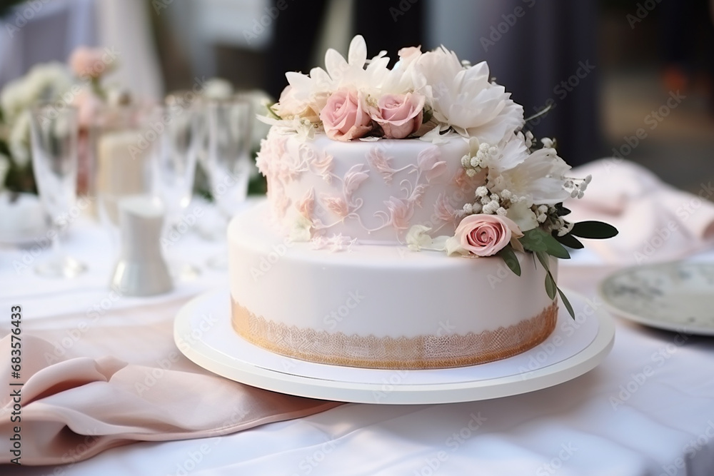 Exquisite Wedding Cake on the Decorated Table - Elegant Confectionery Display Created with Generative AI Tools Exquisite Wedding Cake on the Decorated Table - Elegant Confectionery Display Created with Generative AI Tools