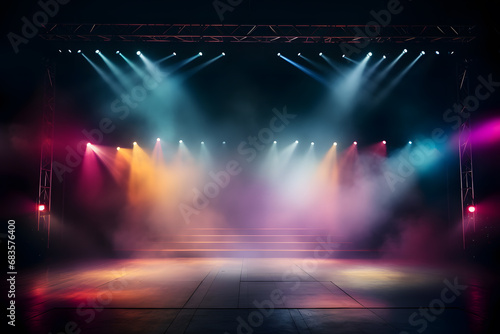 Beautiful Illuminated empty Stage with colorful lighting and smoke on a black background. Copy space