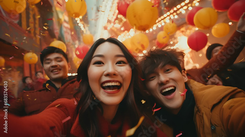 A group of asian friends celebrating Chinese new year 2024 together on a party surrounded by people