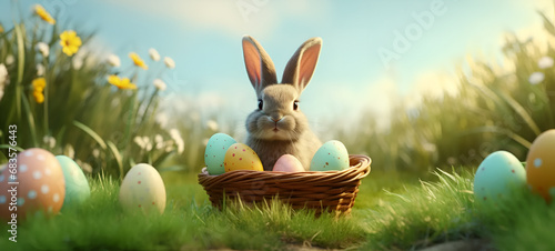 Background of an Easter bunny in a basket full of easter eggs. Happy easter photo