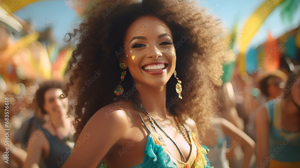Beautiful cheerful woman around a diverse group of people dancing on the brazilian Carnival on the streets of Brazil