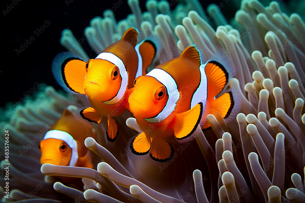 Vibrant Western Clown Anemonefish in Tropical Waters - Created with Generative AI Tools - obrazy, fototapety, plakaty 