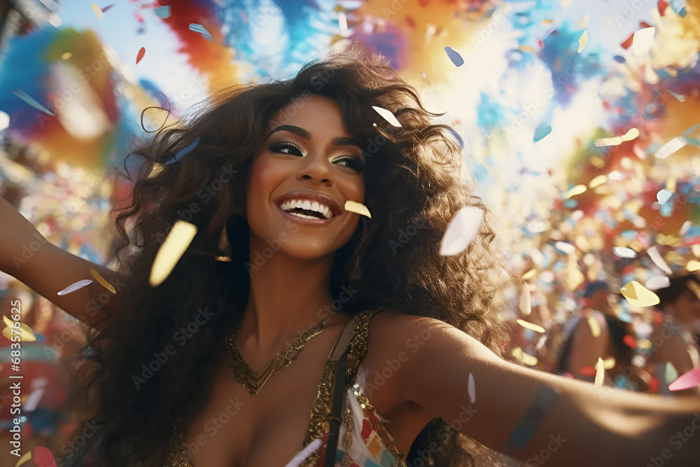 Woman celebrating on the streets of Brazil the brazilian carnival. Brazilian Carnival concept Woman celebrating on the streets of Brazil the brazilian carnival. Brazilian Carnival concept