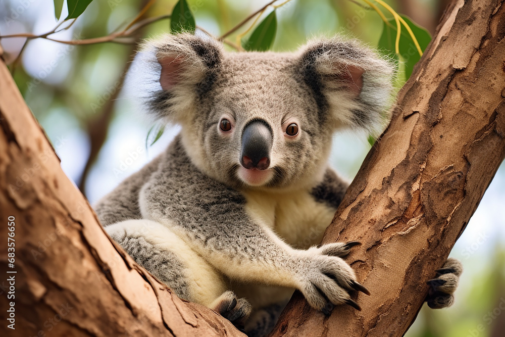 Fototapeta premium Young Koala (Phascolarctos cinereus) Laying on Branch - Created with Generative AI Tools