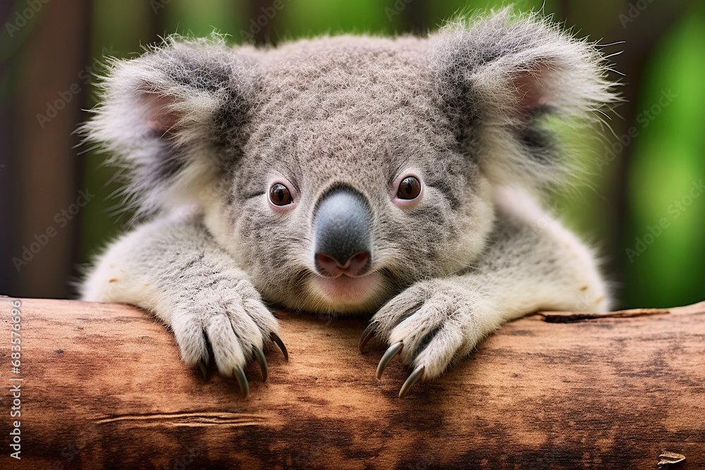 Naklejka premium Young Koala (Phascolarctos cinereus) Laying on Branch - Created with Generative AI Tools