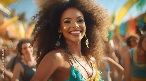 Beautiful cheerful woman around a diverse group of people dancing on the brazilian Carnival on the streets of Brazil © mica
