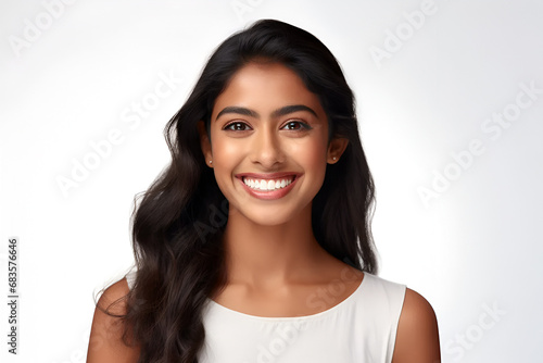 Closeup Portrait of a young beautiful asian indian woman smiling with her shiny clean teeth on a white background. Dental ad
