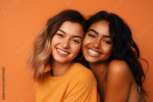 Candid portrait of two cheerful diverse female friends on an orange background