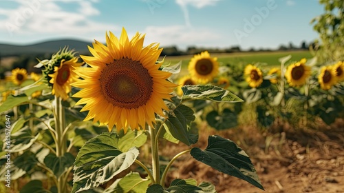 A large beautiful sunflower on the background of a field of sunflowers