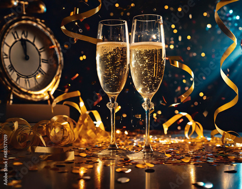 New Year celebration background with two champagne glasses, vintage midnight clock , confetti and ribbons on black background