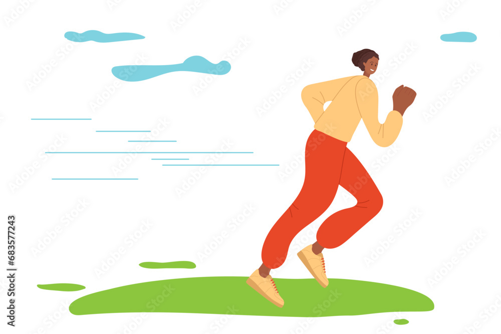 Young woman jogging outdoors, in park. Active lifestyle, running, city competition, marathon, cardio workout, exercise. Girl with sports uniform. Flat vector illustration isolated on white background. - obrazy, fototapety, plakaty 