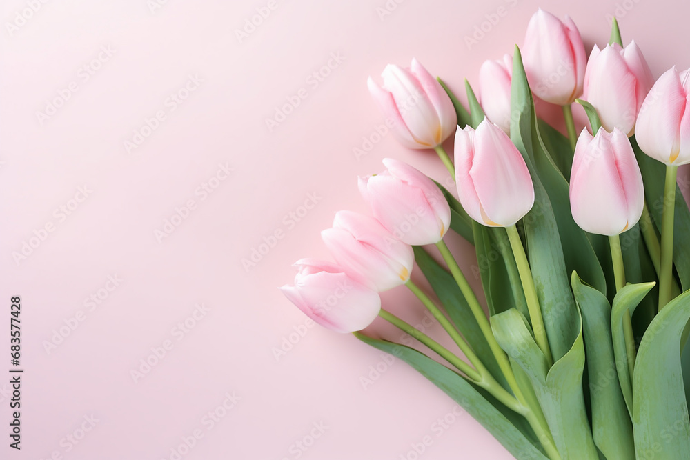 Softly Lit Elegance: Light Pink Tulip Bouquet on a Subtle Plain Background - Created with Advanced AI Techniques