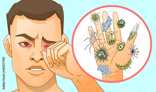 Inflammation of the eyes. Eye irritation. Allergy. Conjunctivitis, stye. Do not touch your eyes with dirty hands. Healthcare illustration. Vector illustration.