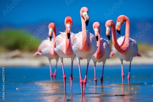 Sunny Day Stroll: Group of Pink African Flamingos Walking Around the Blue Lagoon - Created with Generative AI Tools © ThePixelCraft