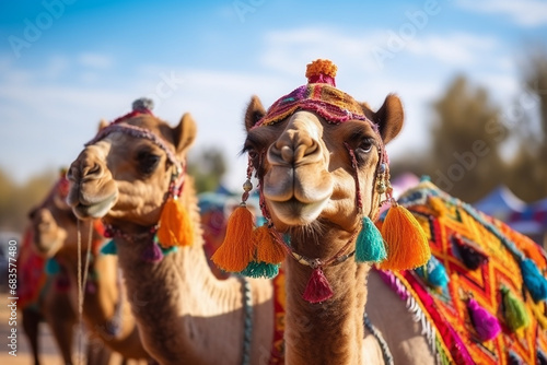 Traditional Camel Ride: Camels in Traditional Dresses Waiting Beside Road for Tourists - Created with Generative AI Tools