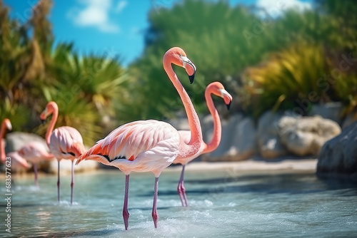 Sunny Day Stroll: Group of Pink African Flamingos Walking Around the Blue Lagoon - Created with Generative AI Tools