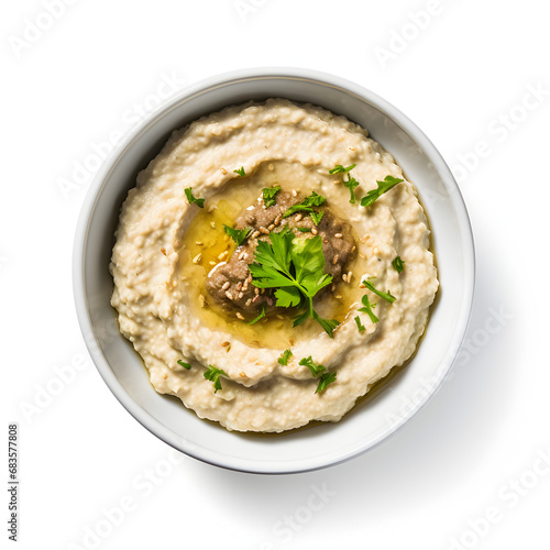 Traditional Baba ghanoush with a white background 