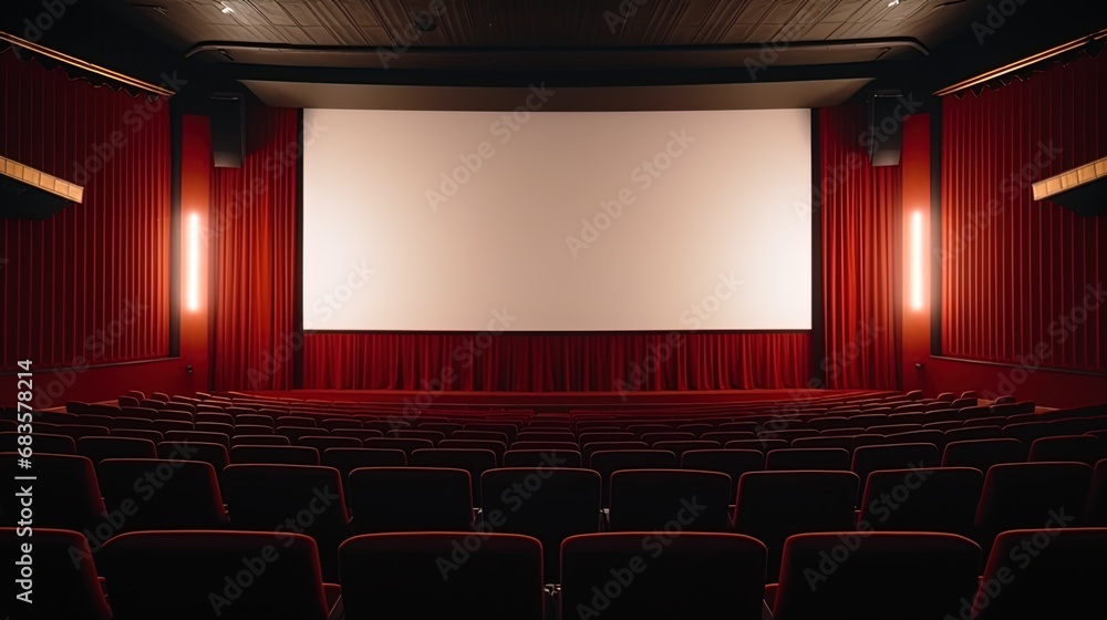 The quiet atmosphere of an empty red cinema hall, highlighting a white blank screen
