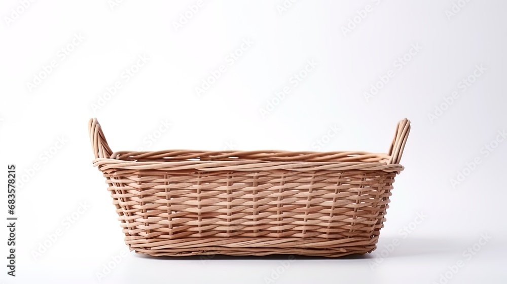 Fototapeta premium The plain elegance of an empty rectangular wicker basket on a clean white backdrop
