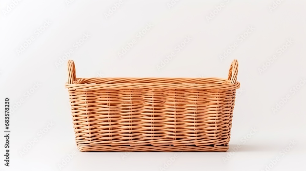 Showcase of an unfilled rectangular wicker basket against a plain white background