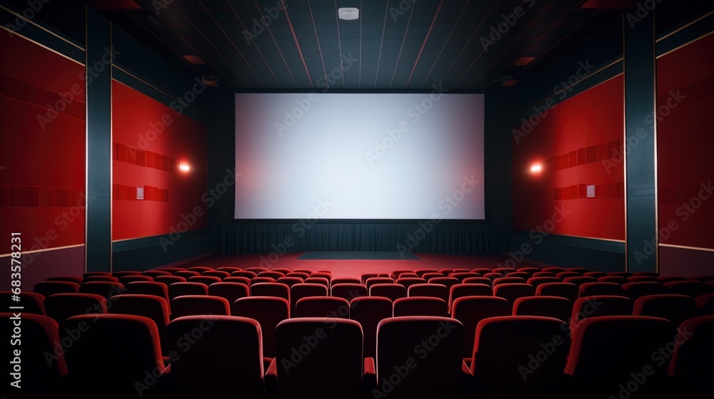 Unoccupied cinema space in red, with an empty white screen and no audience