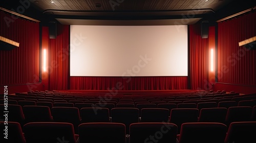 The quiet atmosphere of an empty red cinema hall, highlighting a white blank screen