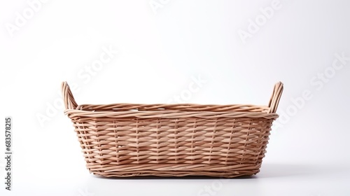 The plain elegance of an empty rectangular wicker basket on a clean white backdrop