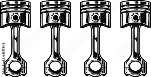 The four pistons of an automobile engine. Isolated on white background