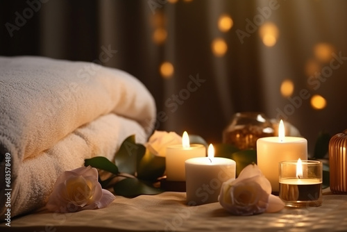Modern Massage Room with Burning Candles and Lights - Created with Generative AI Tools