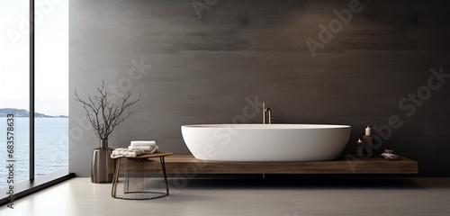 A minimalist bathroom with a freestanding bathtub. photo