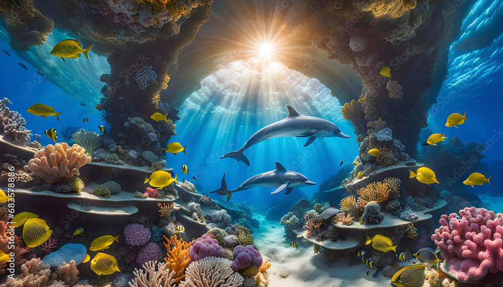 Naklejka premium A dolphin glides underwater surrounded by tropical fish and corals,