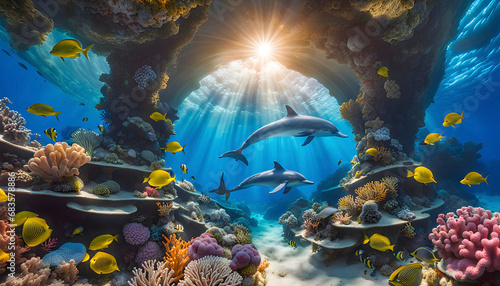 A dolphin glides underwater surrounded by tropical fish and corals, © Perecciv